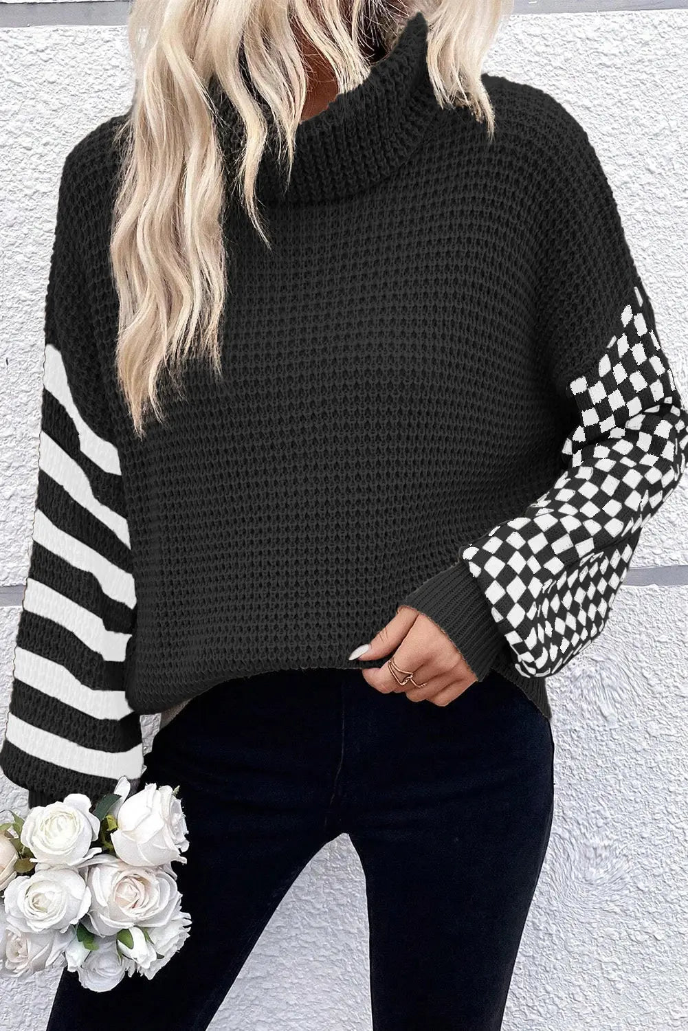 Black Striped Plaid Patchwork Waffle Knit Turtleneck Sweater Beagle Boutique Fashion Outlet