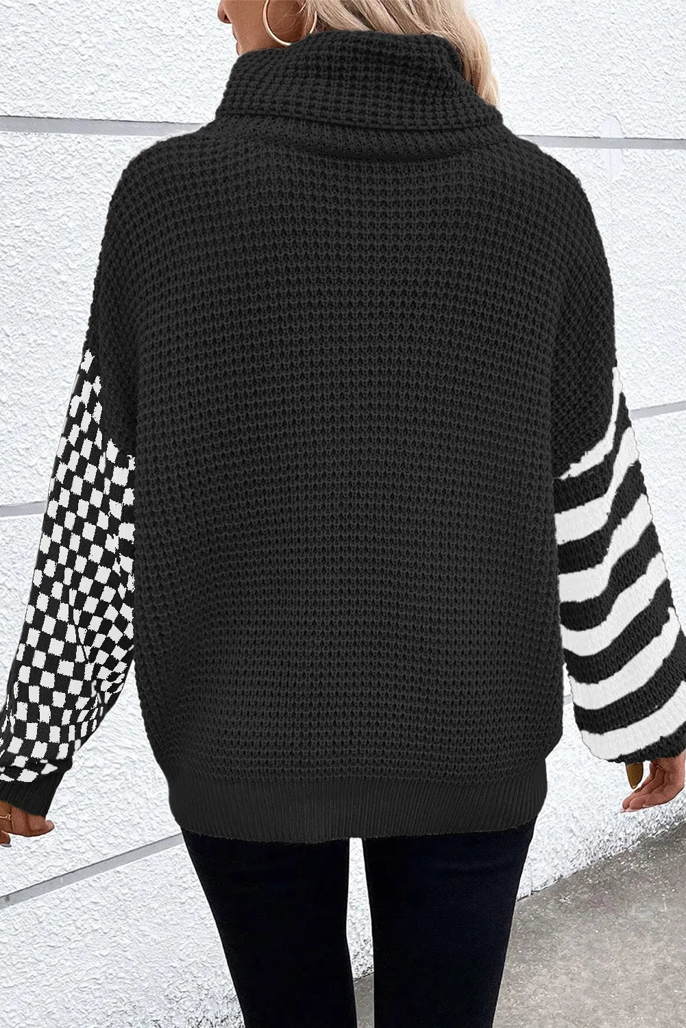 Black Striped Plaid Patchwork Waffle Knit Turtleneck Sweater Beagle Boutique Fashion Outlet