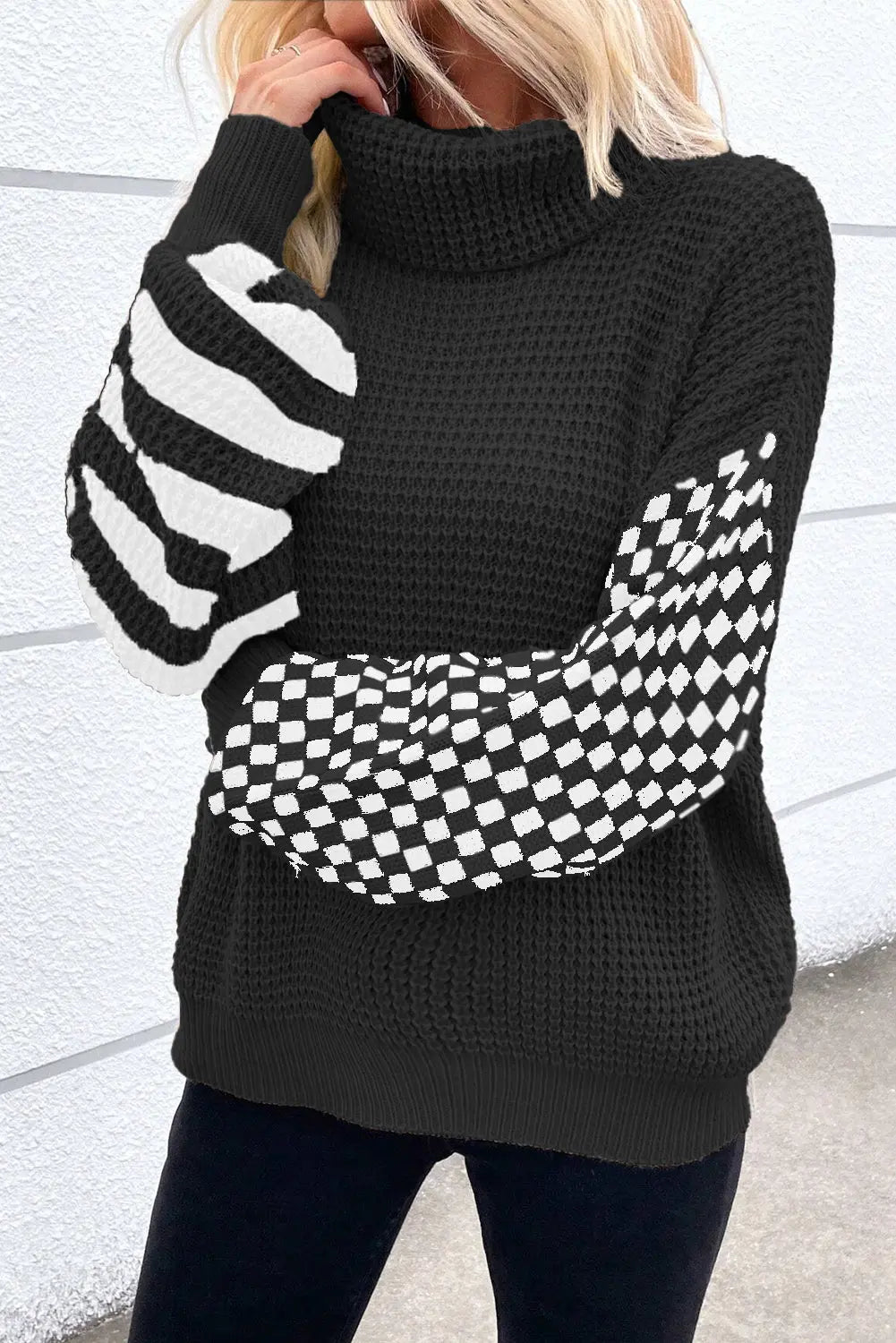 Black Striped Plaid Patchwork Waffle Knit Turtleneck Sweater Beagle Boutique Fashion Outlet