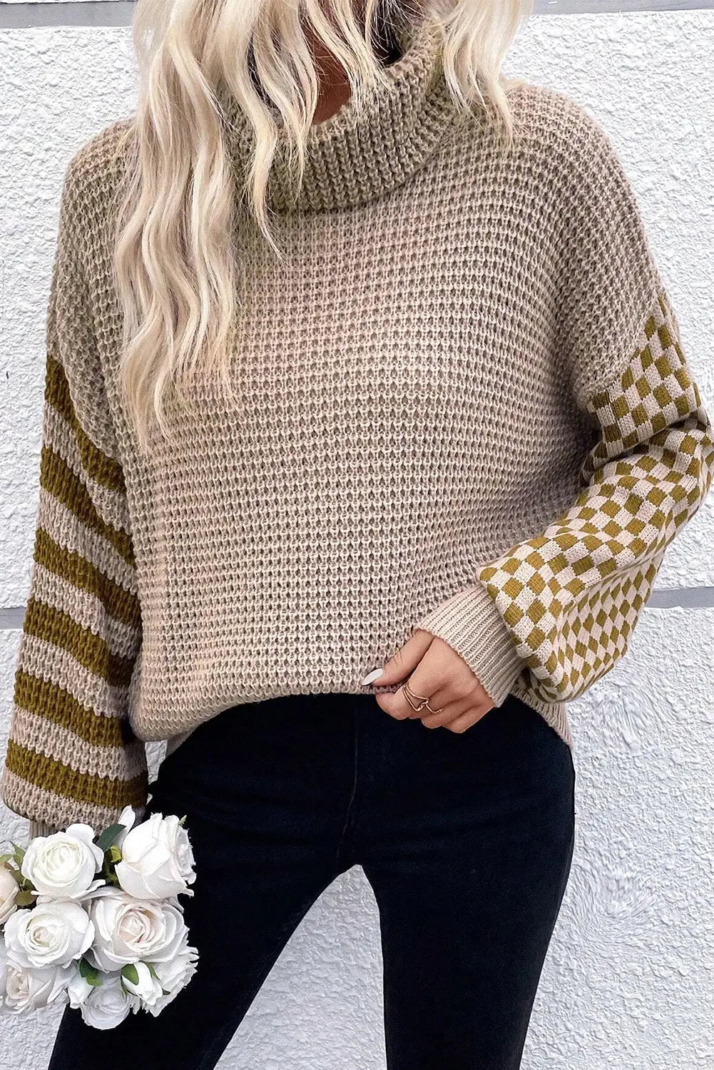 Black Striped Plaid Patchwork Waffle Knit Turtleneck Sweater Beagle Boutique Fashion Outlet