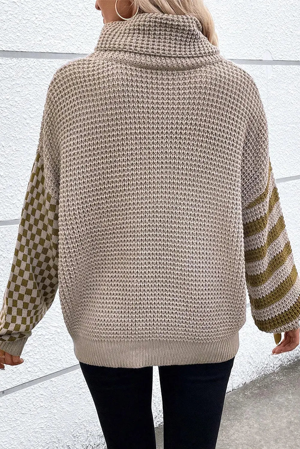 Black Striped Plaid Patchwork Waffle Knit Turtleneck Sweater Beagle Boutique Fashion Outlet