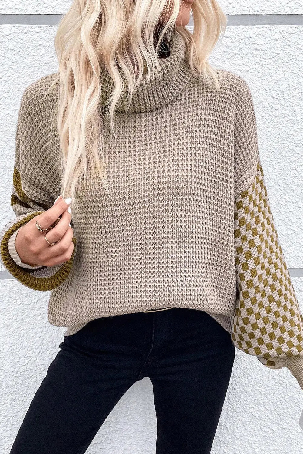Black Striped Plaid Patchwork Waffle Knit Turtleneck Sweater Beagle Boutique Fashion Outlet