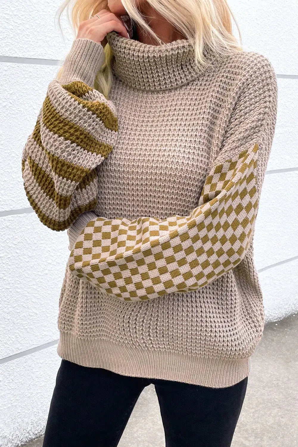 Black Striped Plaid Patchwork Waffle Knit Turtleneck Sweater Beagle Boutique Fashion Outlet