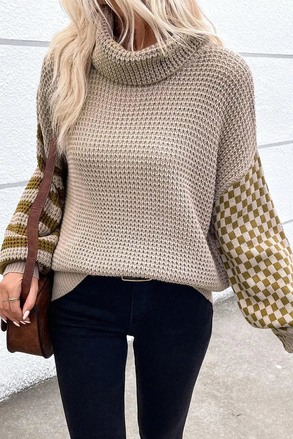 Black Striped Plaid Patchwork Waffle Knit Turtleneck Sweater Beagle Boutique Fashion Outlet