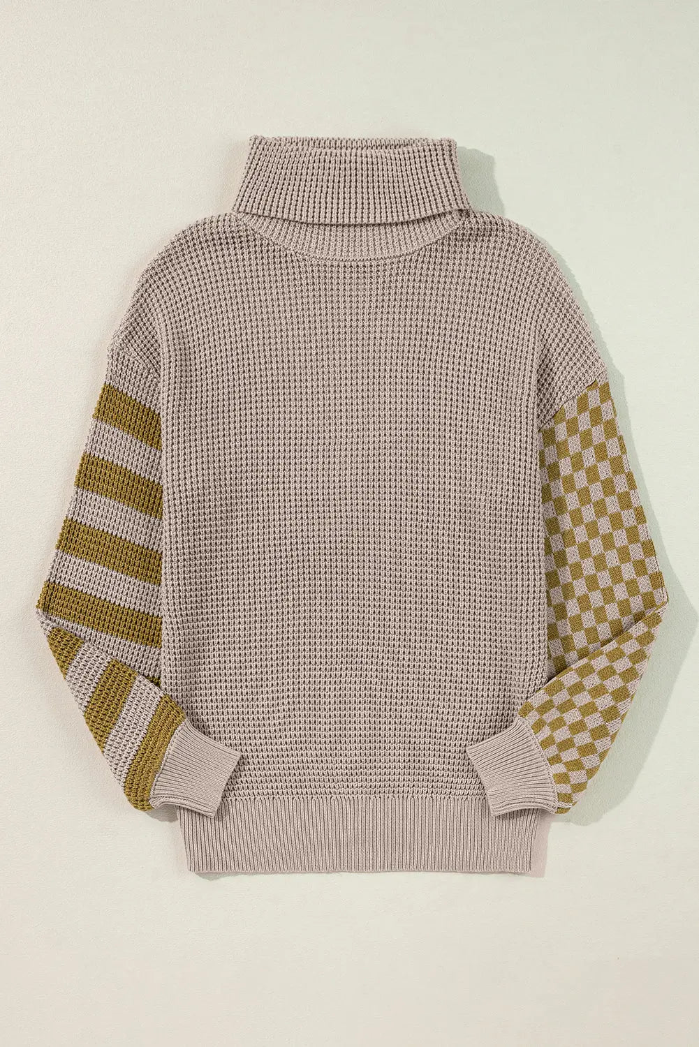 Black Striped Plaid Patchwork Waffle Knit Turtleneck Sweater Beagle Boutique Fashion Outlet