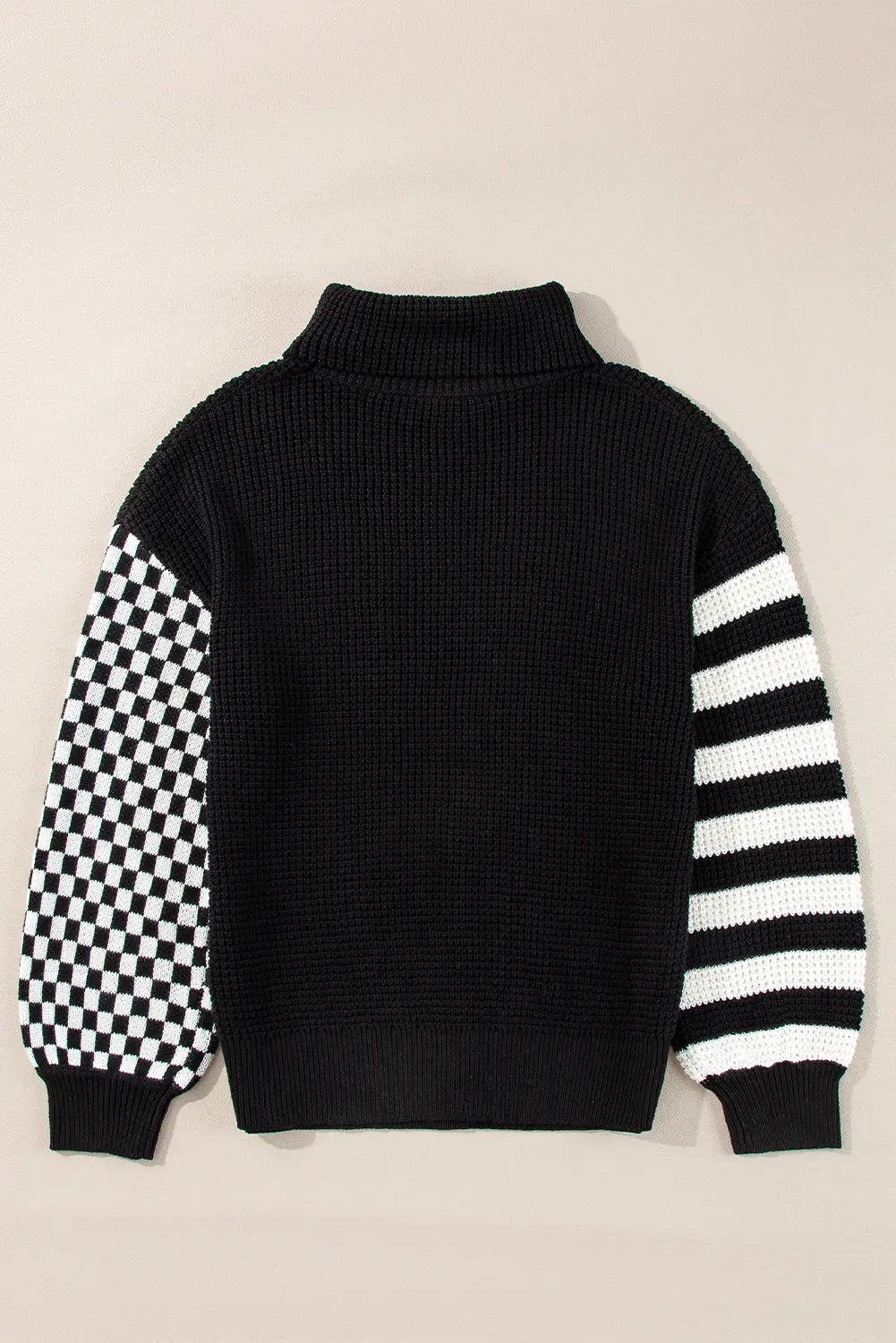 Black Striped Plaid Patchwork Waffle Knit Turtleneck Sweater Beagle Boutique Fashion Outlet