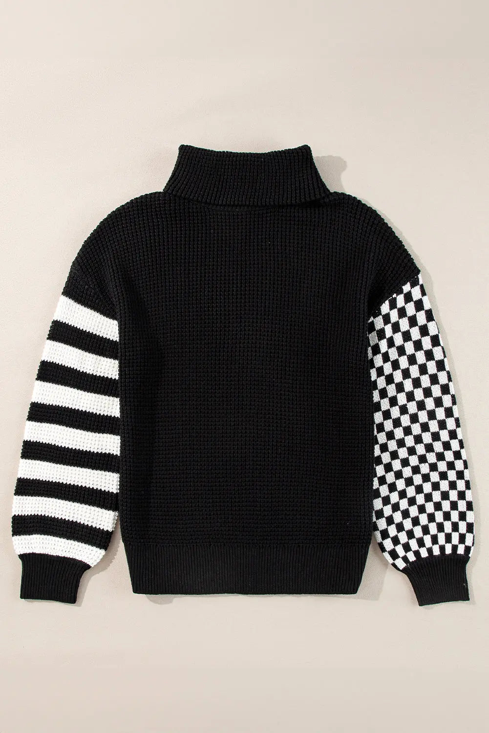 Black Striped Plaid Patchwork Waffle Knit Turtleneck Sweater Beagle Boutique Fashion Outlet