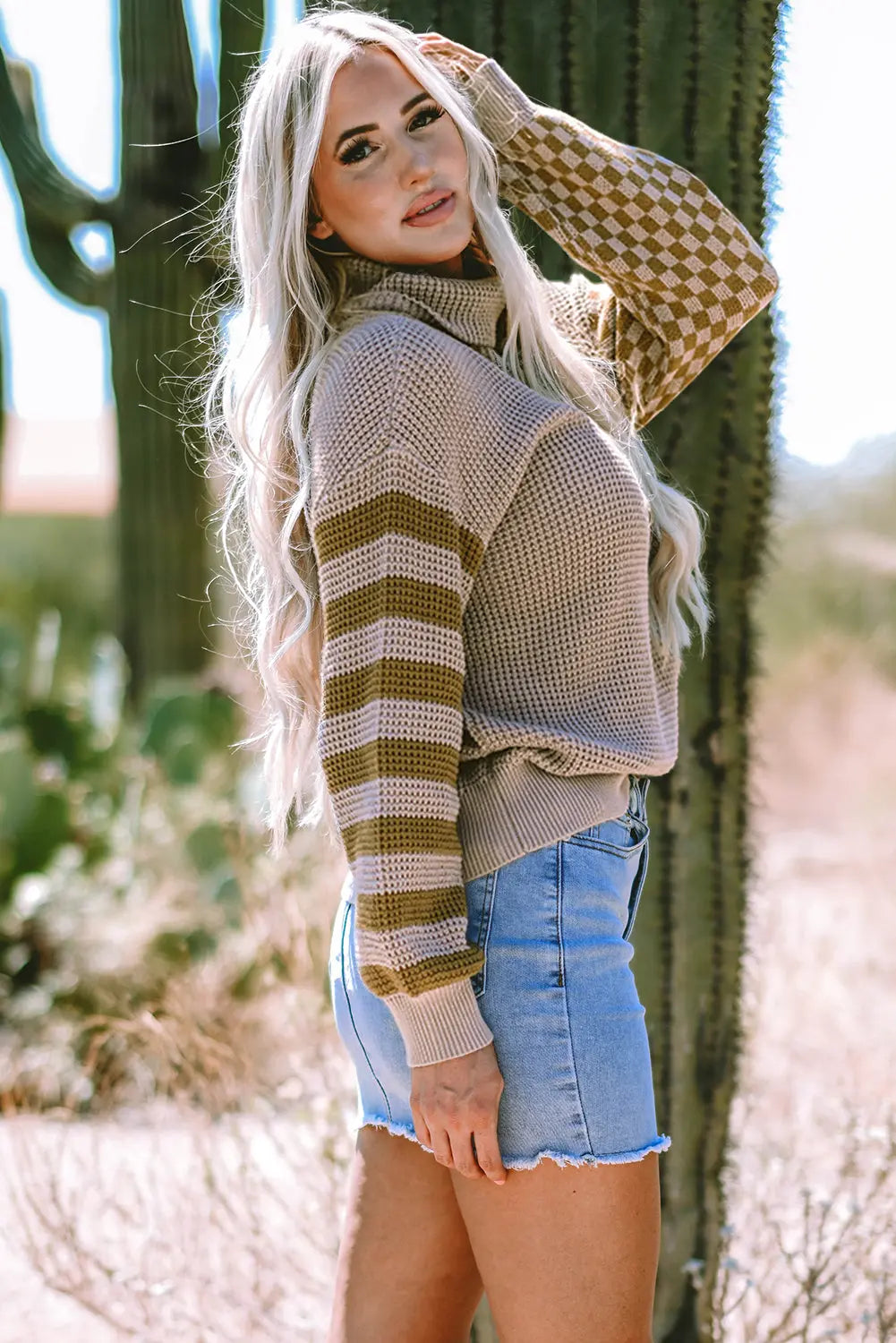 Black Striped Plaid Patchwork Waffle Knit Turtleneck Sweater Beagle Boutique Fashion Outlet