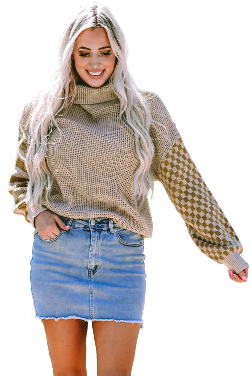 Black Striped Plaid Patchwork Waffle Knit Turtleneck Sweater Beagle Boutique Fashion Outlet