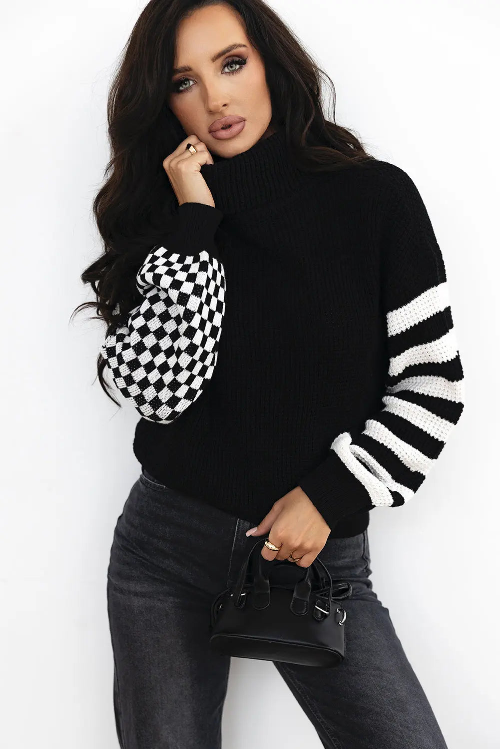 Black Striped Plaid Patchwork Waffle Knit Turtleneck Sweater Beagle Boutique Fashion Outlet