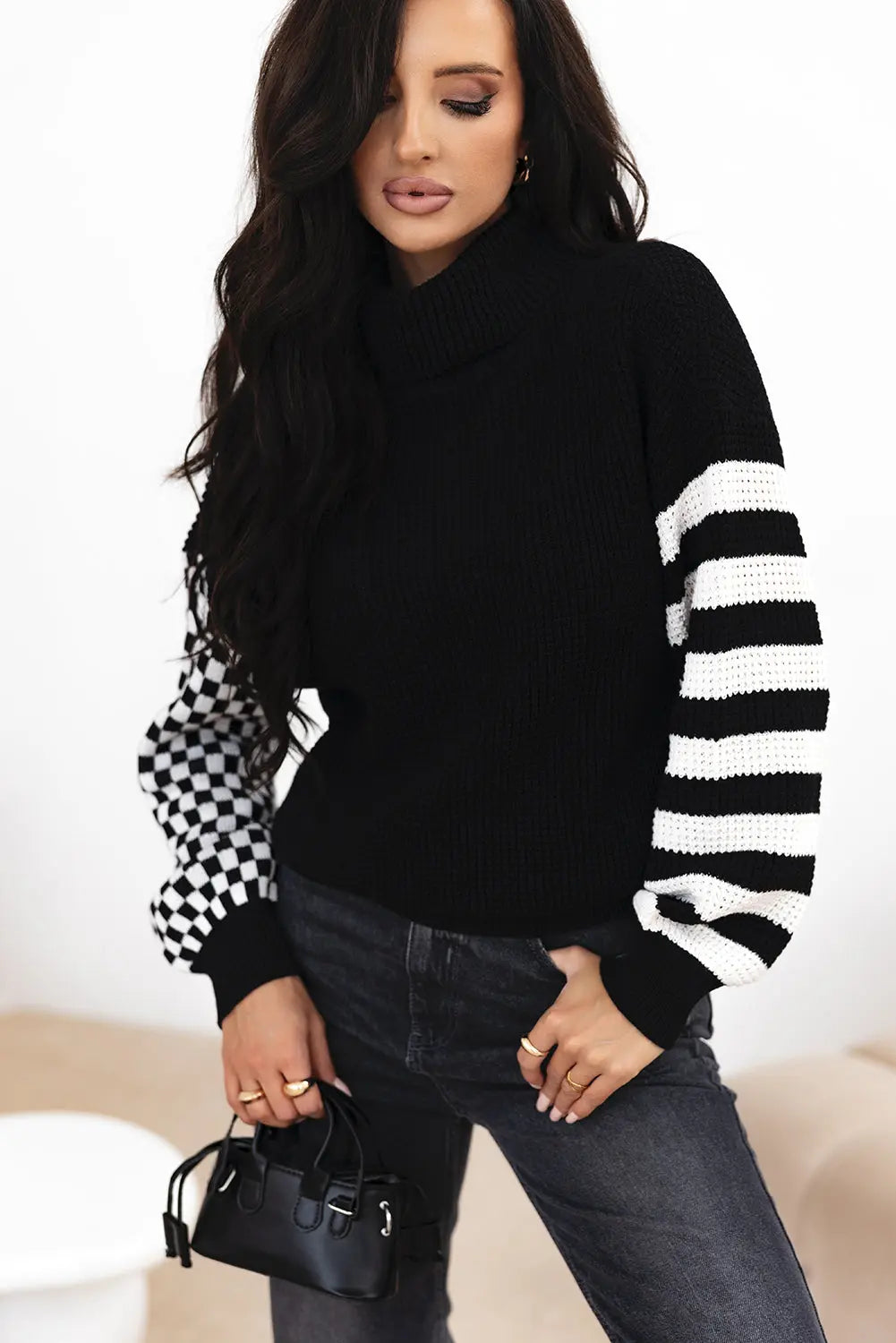 Black Striped Plaid Patchwork Waffle Knit Turtleneck Sweater Beagle Boutique Fashion Outlet
