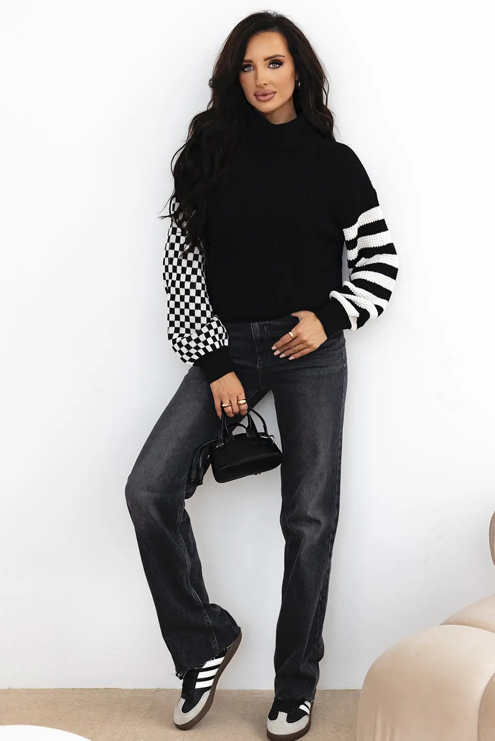 Black Striped Plaid Patchwork Waffle Knit Turtleneck Sweater Beagle Boutique Fashion Outlet