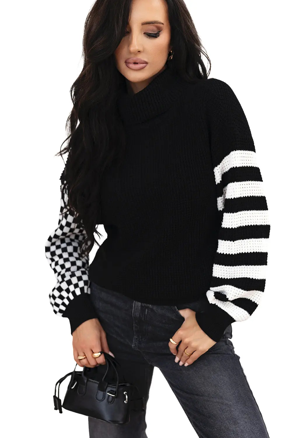 Black Striped Plaid Patchwork Waffle Knit Turtleneck Sweater Beagle Boutique Fashion Outlet