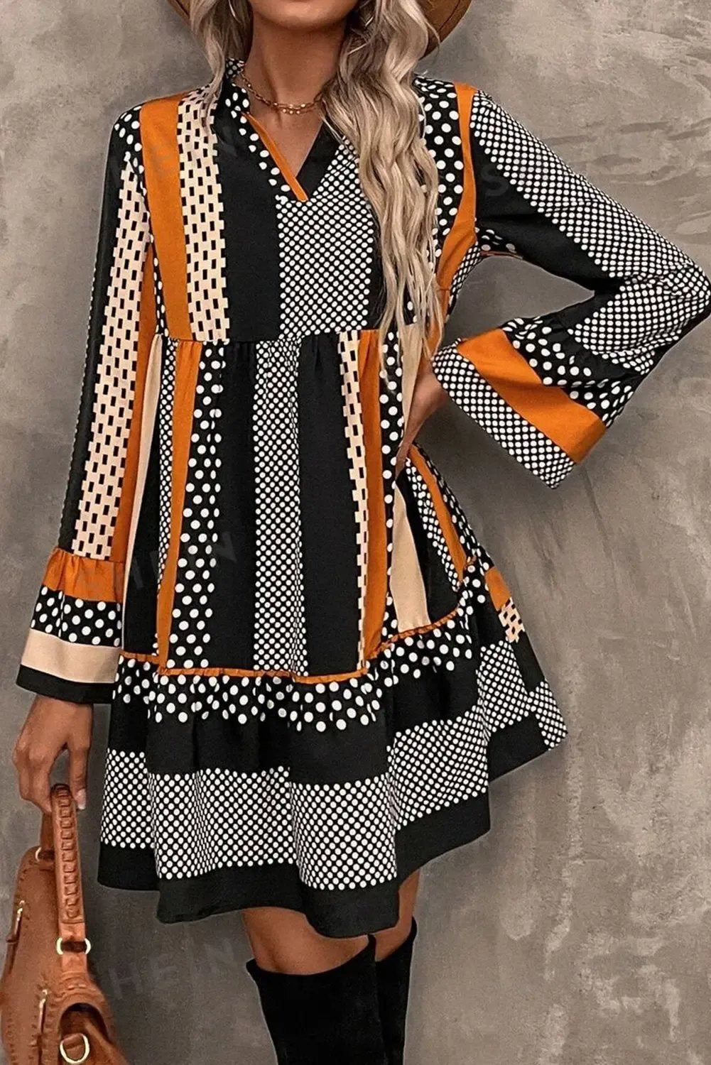 Black Striped Polka Dot Print Ruffled Hem V Neck Mini Dress - eAura