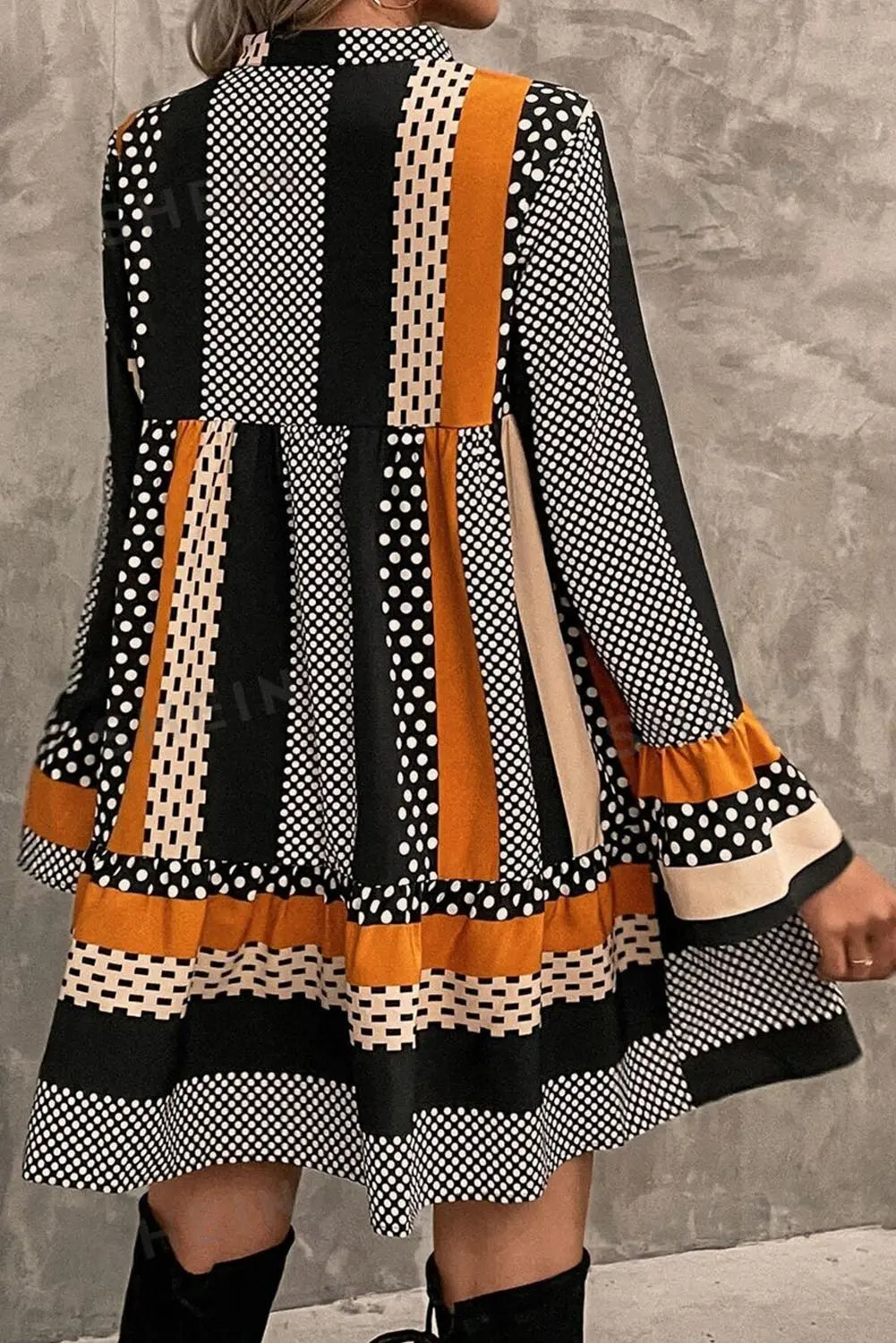Black Striped Polka Dot Print Ruffled Hem V Neck Mini Dress eAura