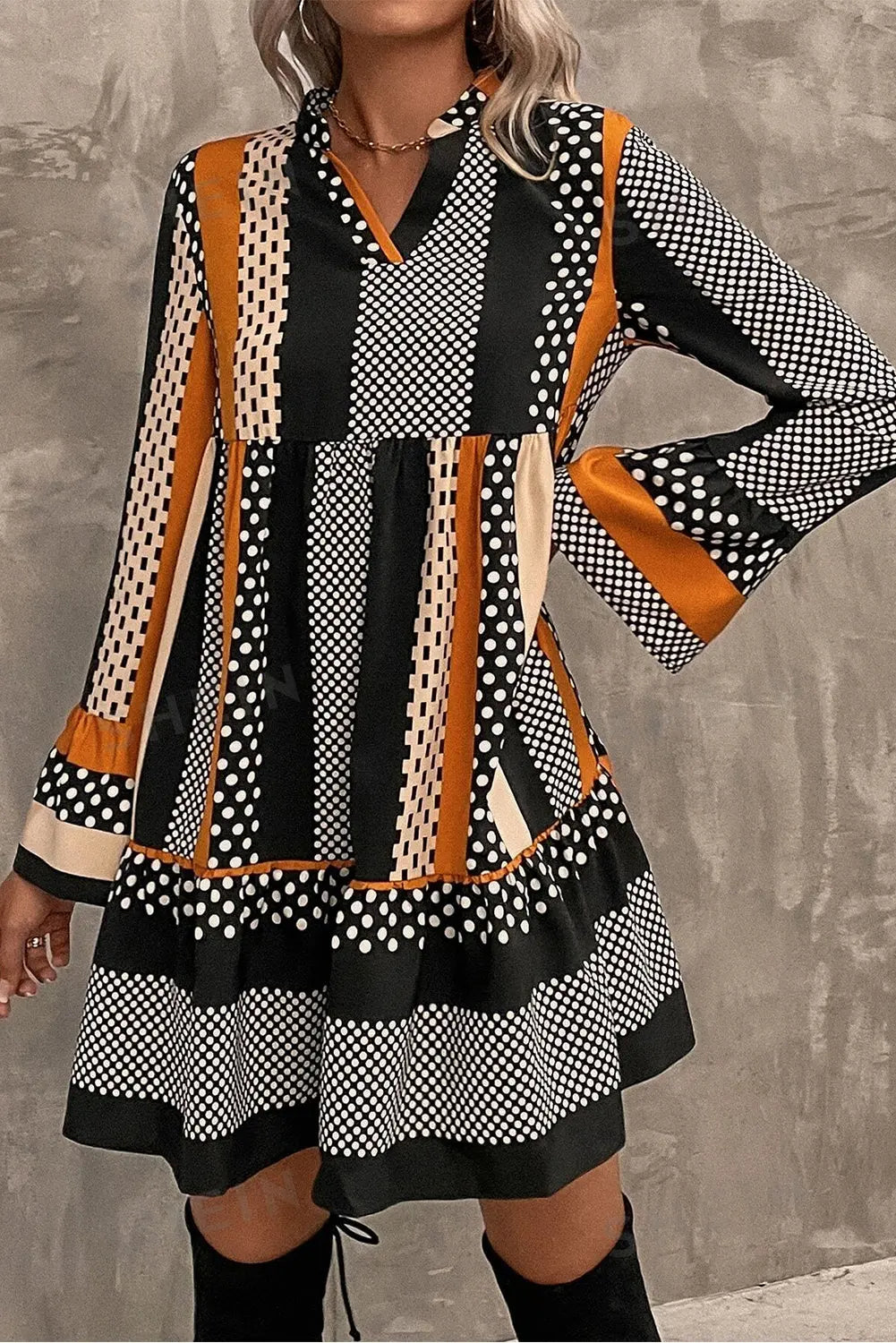 Black Striped Polka Dot Print Ruffled Hem V Neck Mini Dress eAura