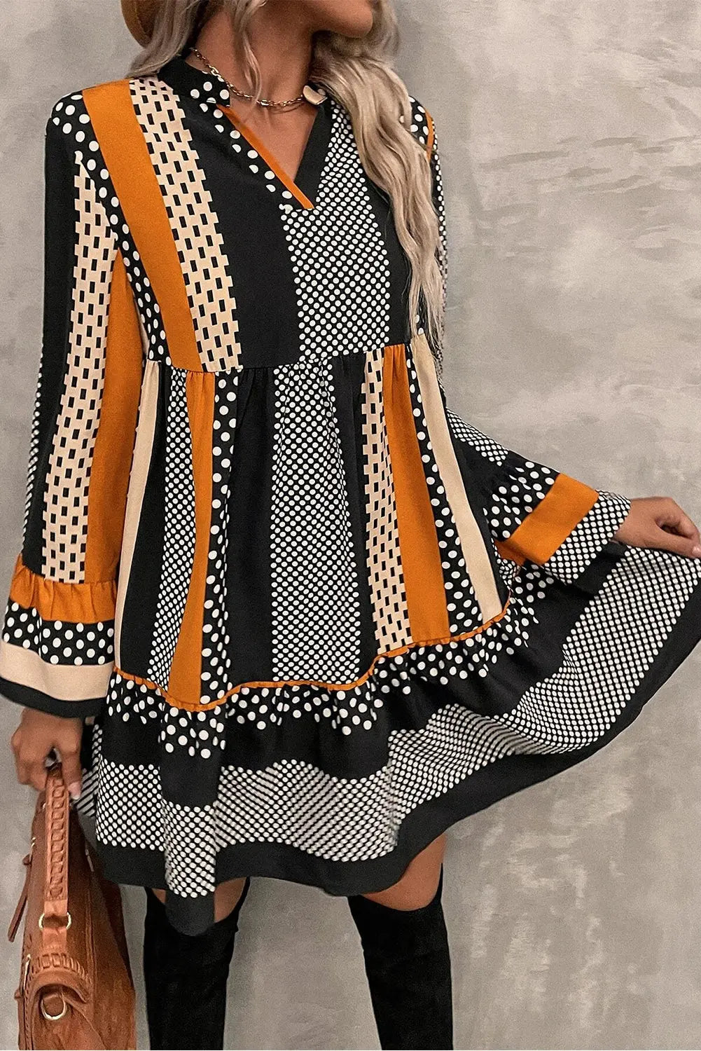 Black Striped Polka Dot Print Ruffled Hem V Neck Mini Dress eAura