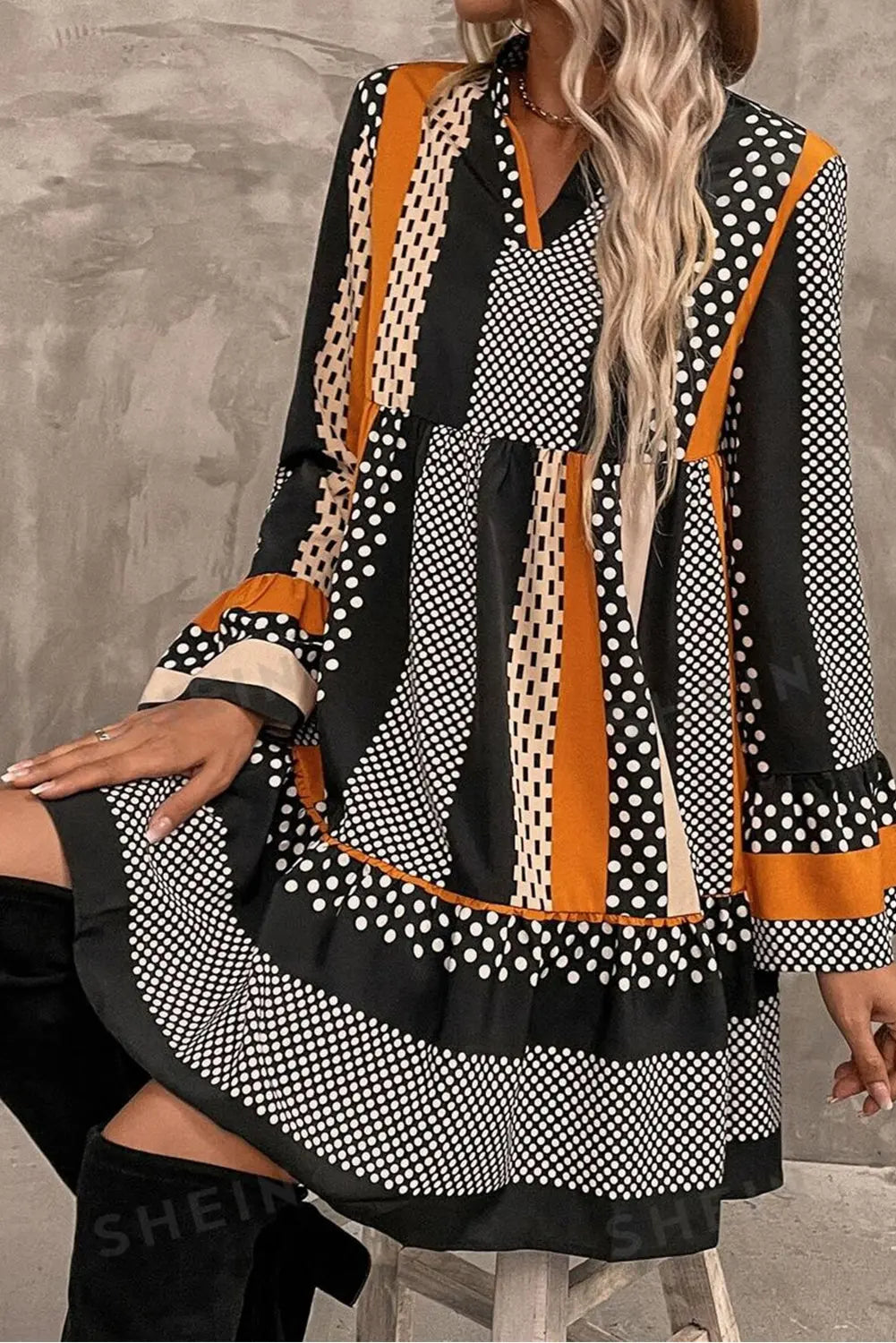 Black Striped Polka Dot Print Ruffled Hem V Neck Mini Dress eAura