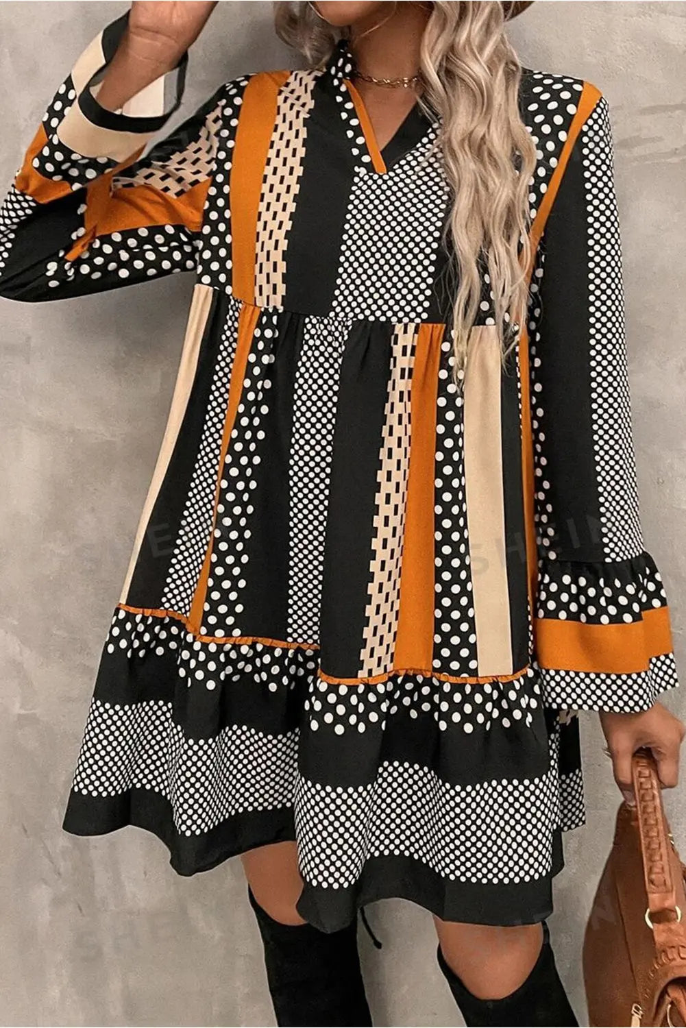 Black Striped Polka Dot Print Ruffled Hem V Neck Mini Dress eAura