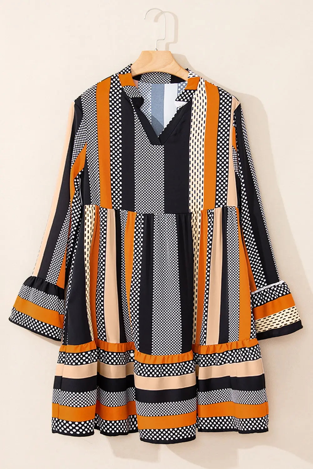 Black Striped Polka Dot Print Ruffled Hem V Neck Mini Dress eAura