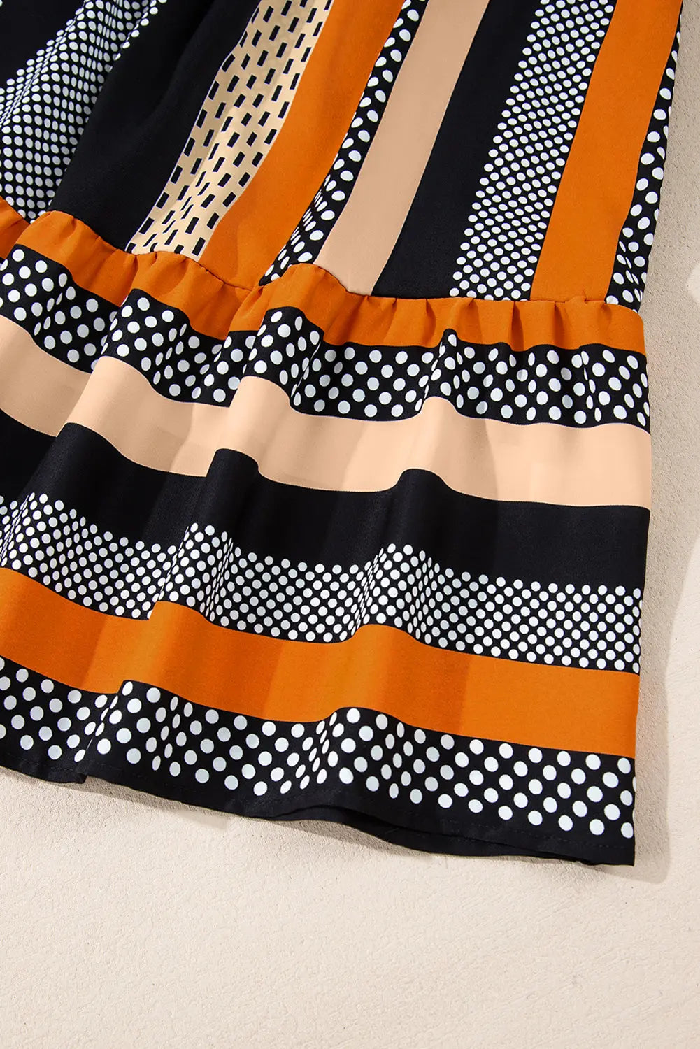 Black Striped Polka Dot Print Ruffled Hem V Neck Mini Dress eAura