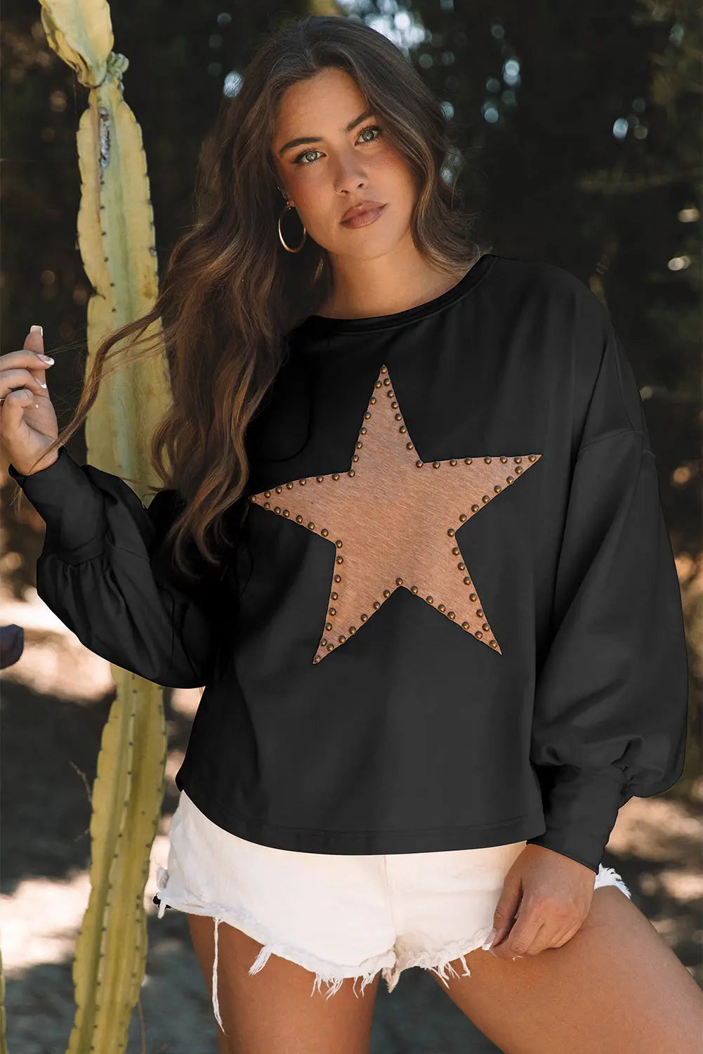Black Studded Star Graphic Oversized Long Sleeve Top Beagle Boutique Fashion Outlet
