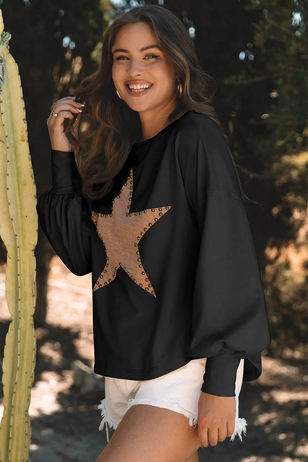Black Studded Star Graphic Oversized Long Sleeve Top Beagle Boutique Fashion Outlet
