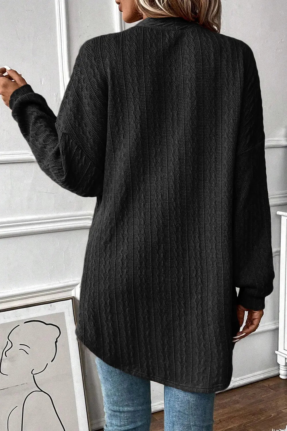Black Textured Knit Side Pockets Open Front Cardigan Beagle Boutique Fashion Outlet