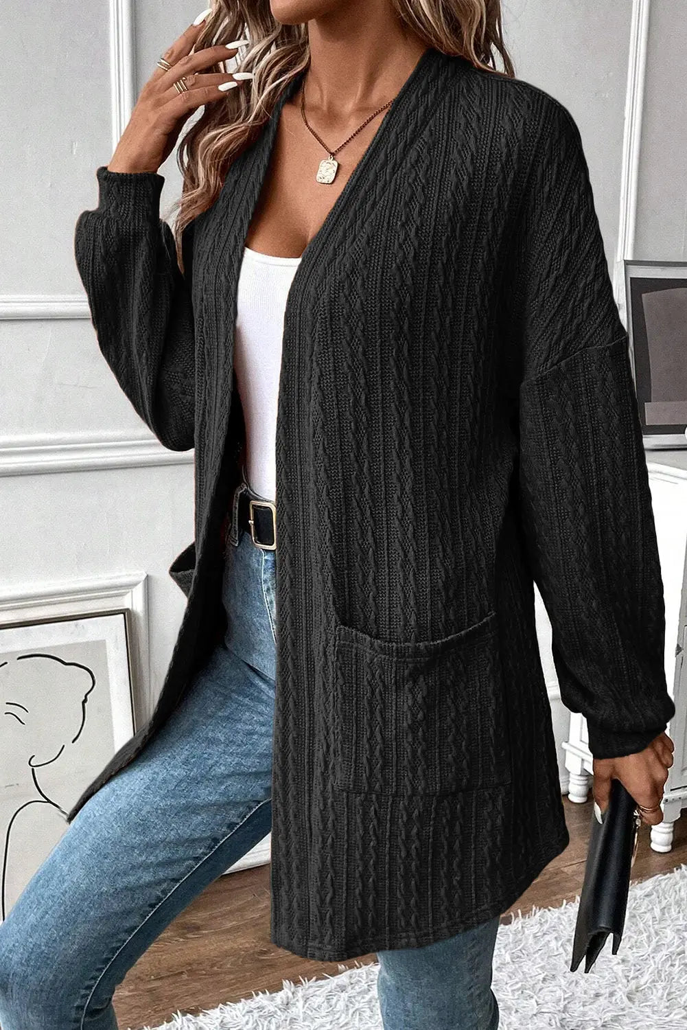 Black Textured Knit Side Pockets Open Front Cardigan Beagle Boutique Fashion Outlet