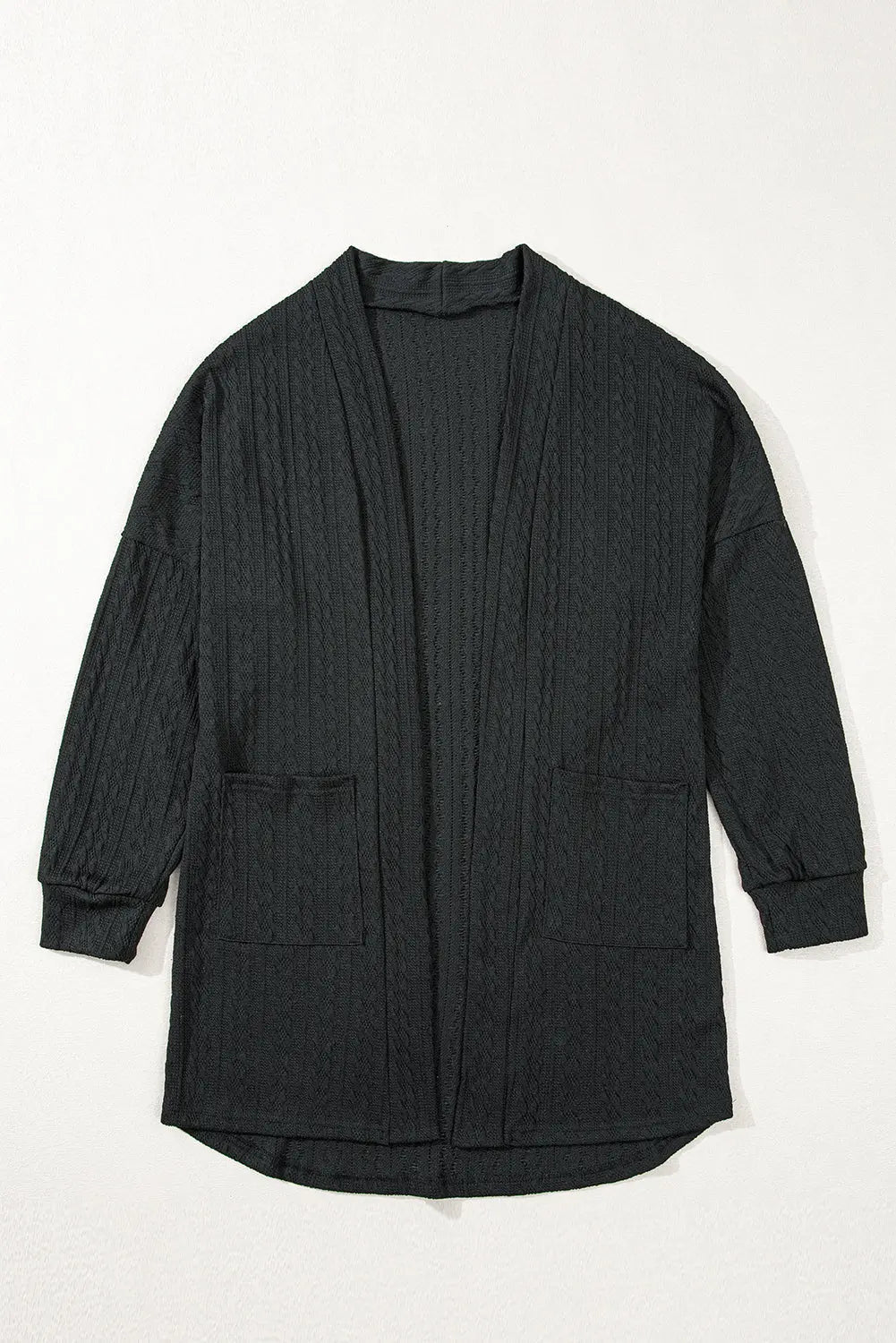 Black Textured Knit Side Pockets Open Front Cardigan Beagle Boutique Fashion Outlet