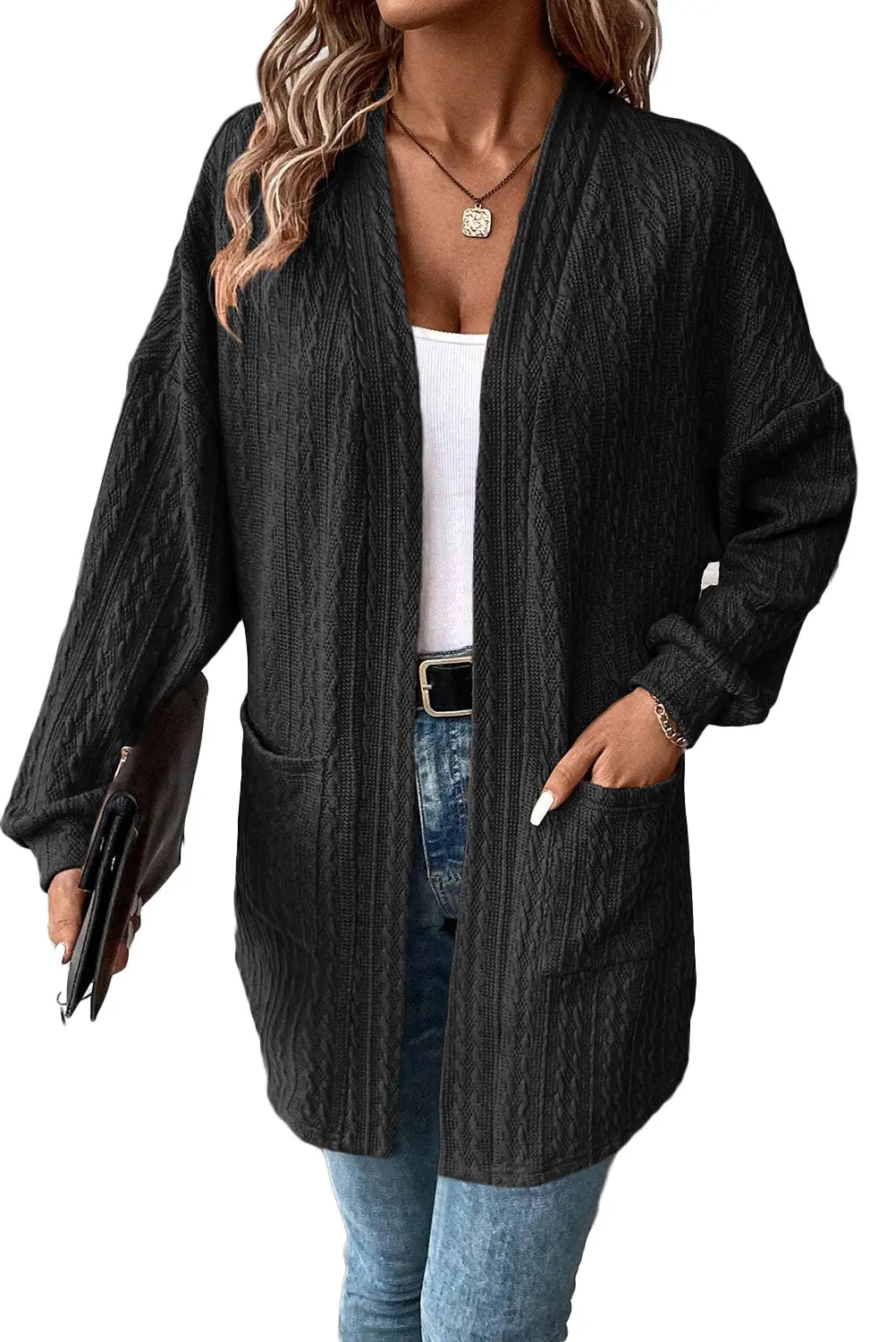 Black Textured Knit Side Pockets Open Front Cardigan Beagle Boutique Fashion Outlet
