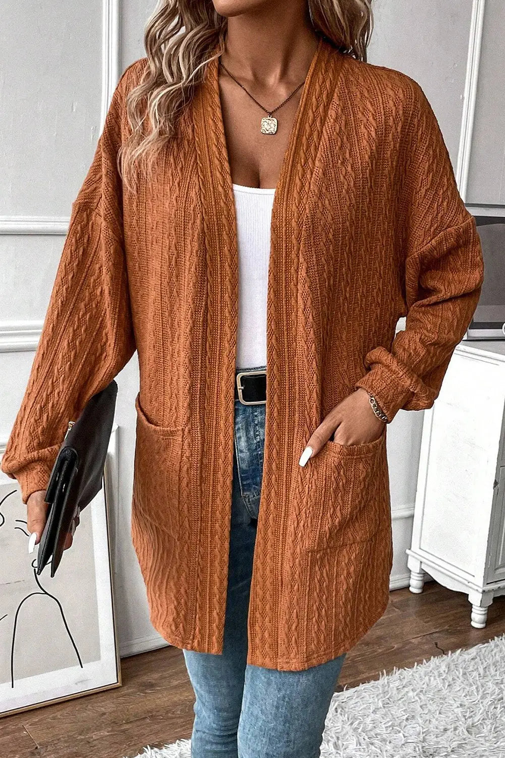 Black Textured Knit Side Pockets Open Front Cardigan Beagle Boutique Fashion Outlet