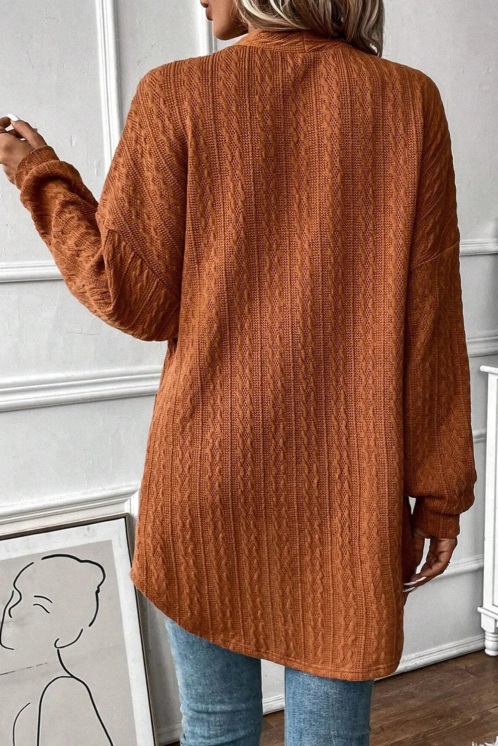 Black Textured Knit Side Pockets Open Front Cardigan Beagle Boutique Fashion Outlet