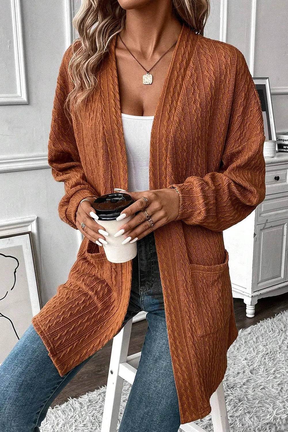 Black Textured Knit Side Pockets Open Front Cardigan Beagle Boutique Fashion Outlet