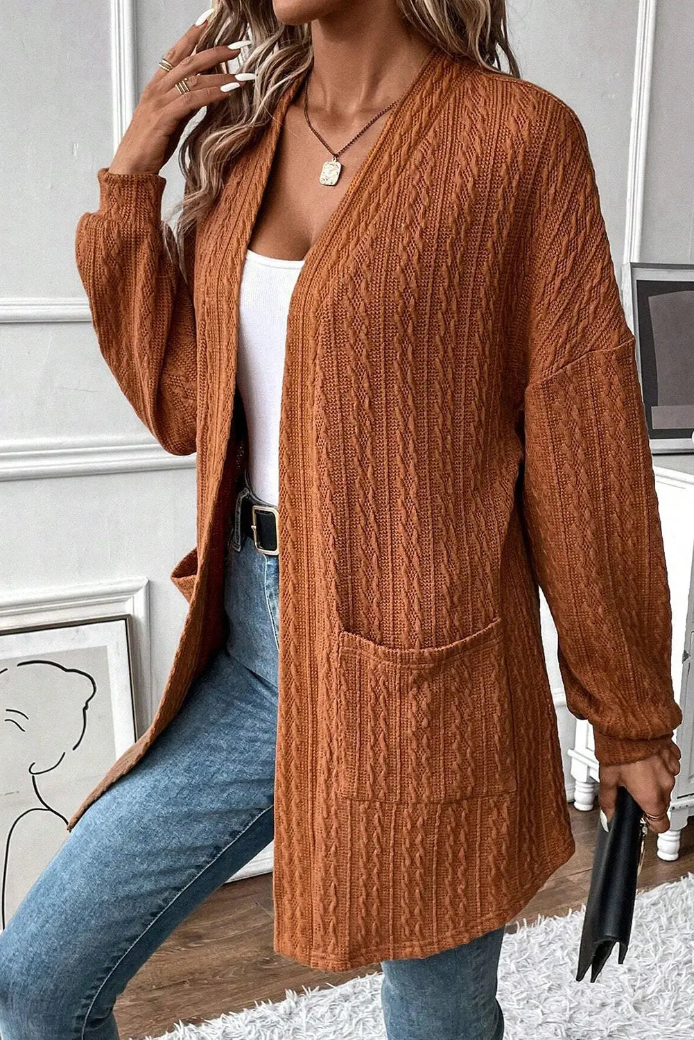 Black Textured Knit Side Pockets Open Front Cardigan Beagle Boutique Fashion Outlet