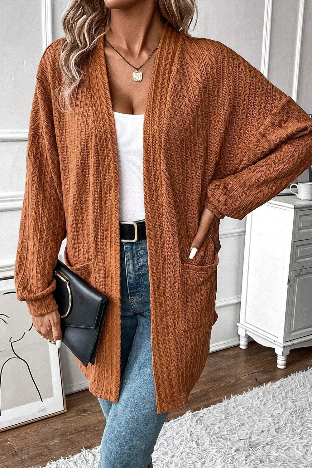Black Textured Knit Side Pockets Open Front Cardigan Beagle Boutique Fashion Outlet