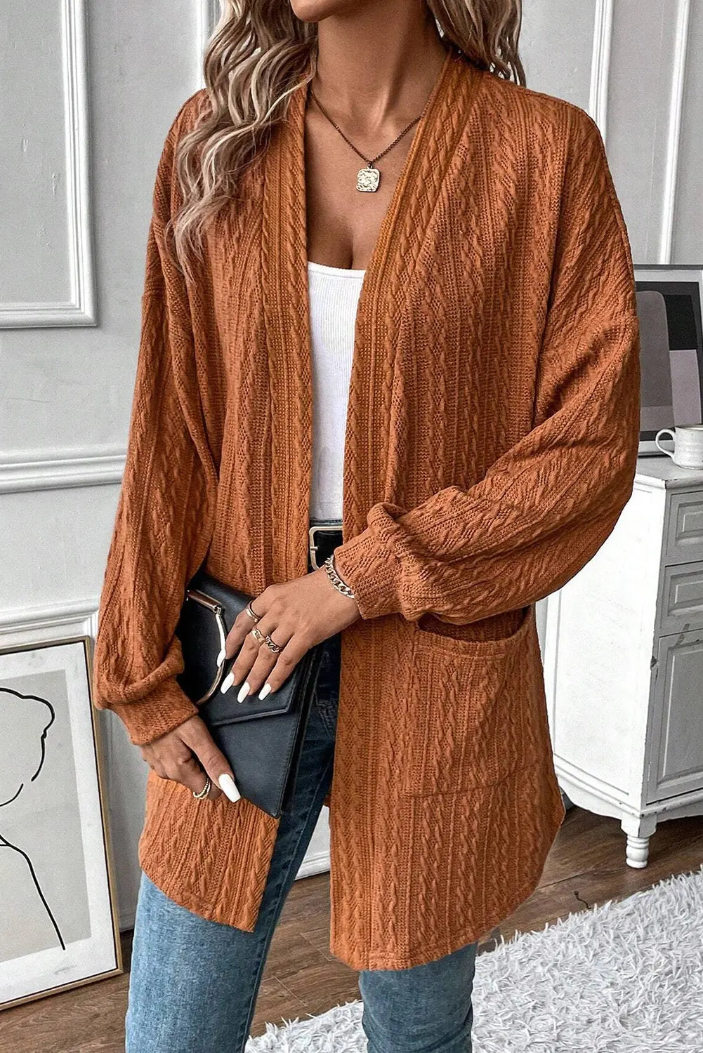 Black Textured Knit Side Pockets Open Front Cardigan Beagle Boutique Fashion Outlet