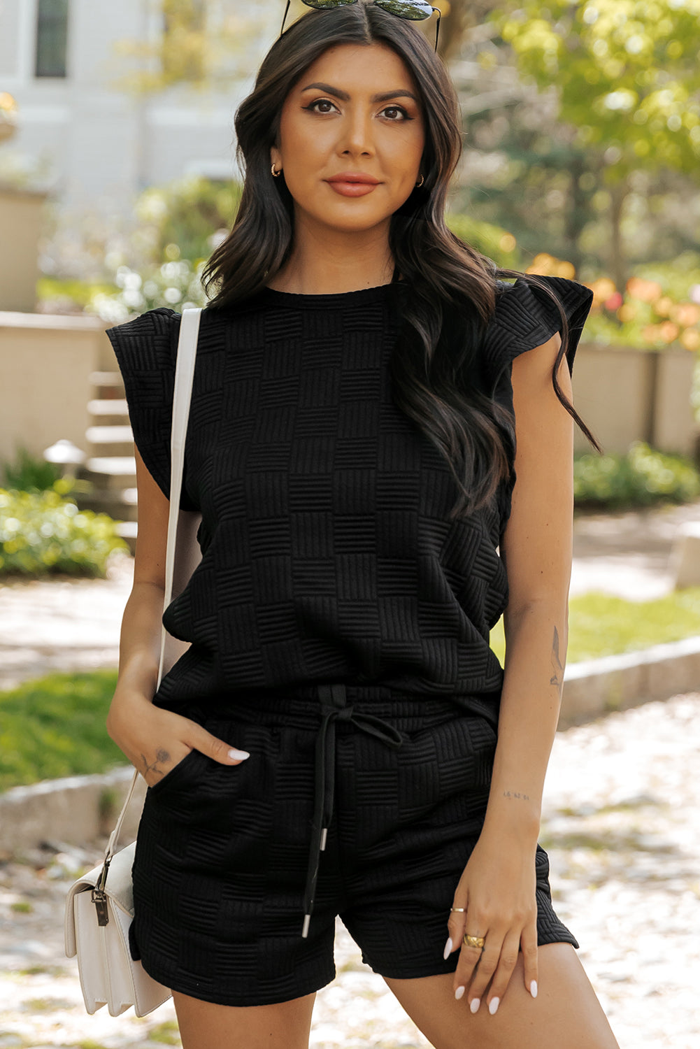 Black Textured Ruffled Sleeve Tee and Drawstring Shorts Set - eAura