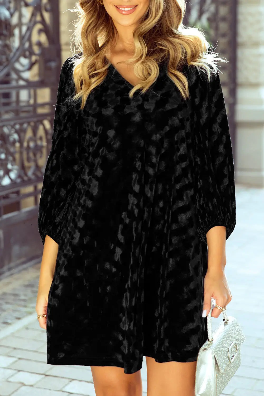 Black Textured V Neck Balloon Sleeve Velvet Mini Dress - BB Fashion Outlet