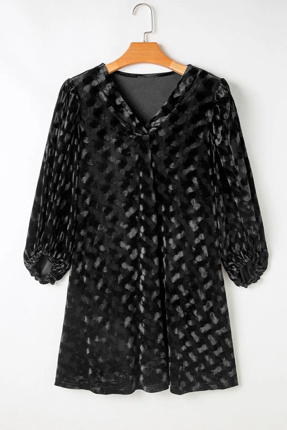 Black Textured V Neck Balloon Sleeve Velvet Mini Dress - BB Fashion Outlet