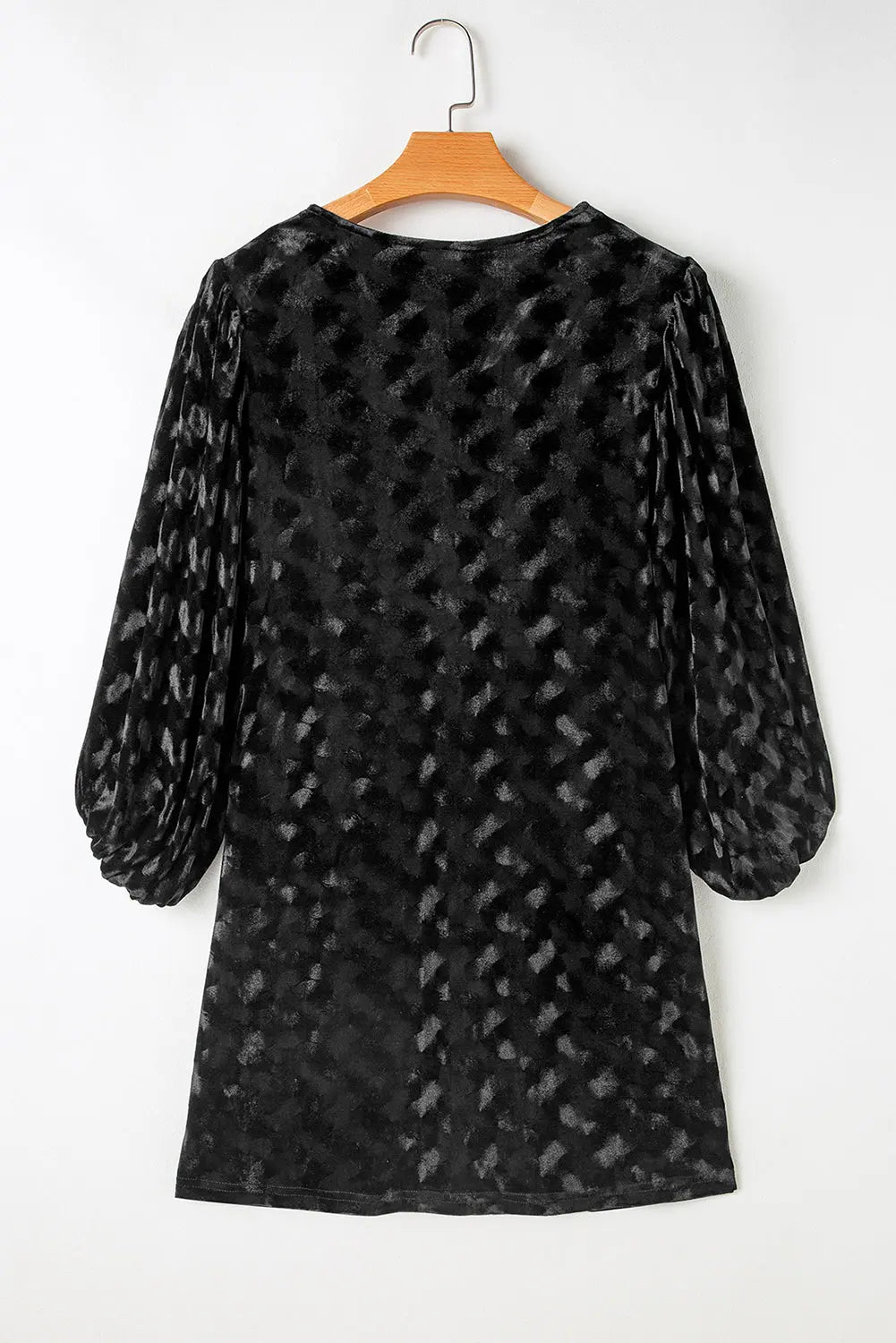 Black Textured V Neck Balloon Sleeve Velvet Mini Dress - BB Fashion Outlet