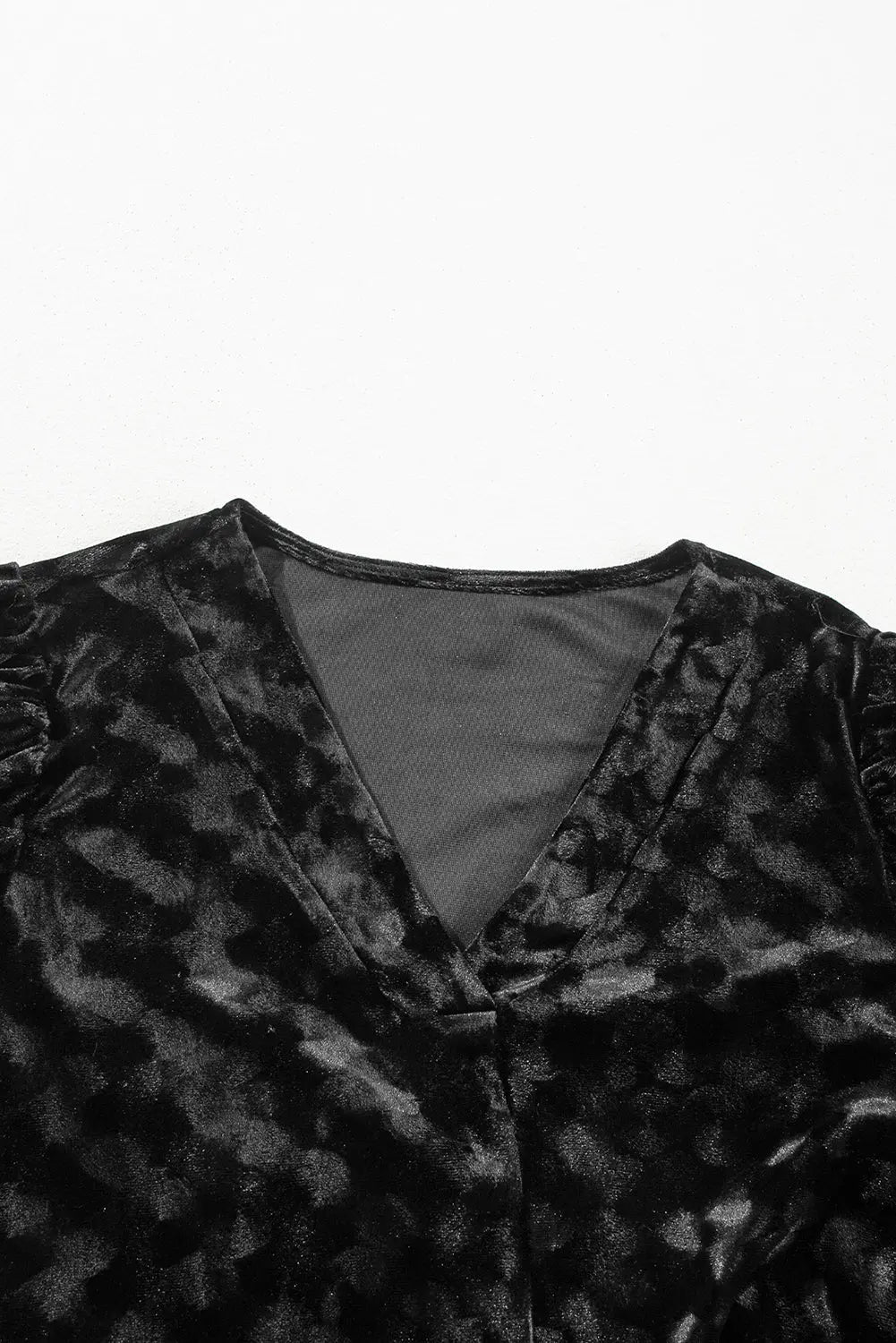 Black Textured V Neck Balloon Sleeve Velvet Mini Dress - BB Fashion Outlet