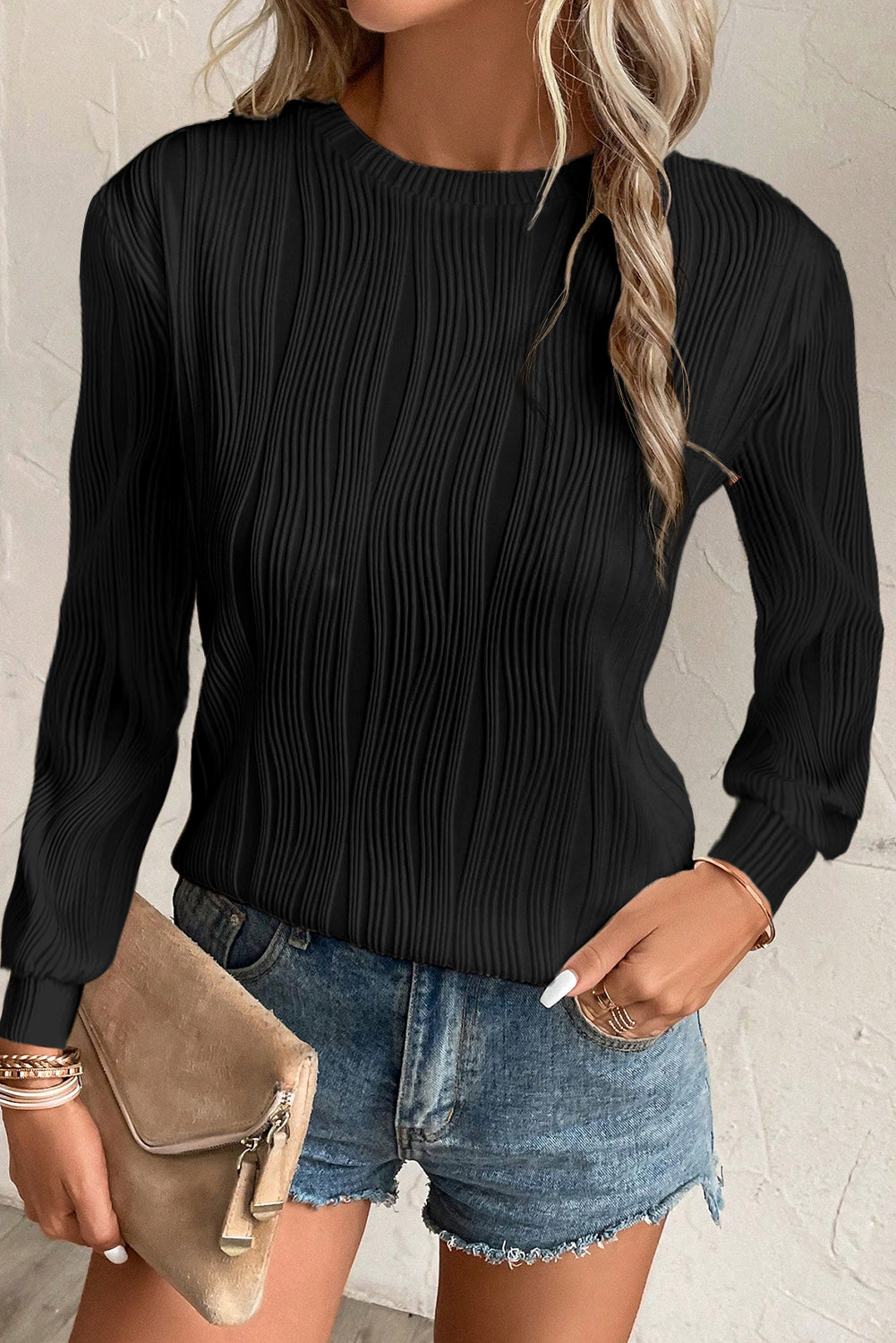 Black Textured Wavy Round Neck Long Sleeve Top - eAura
