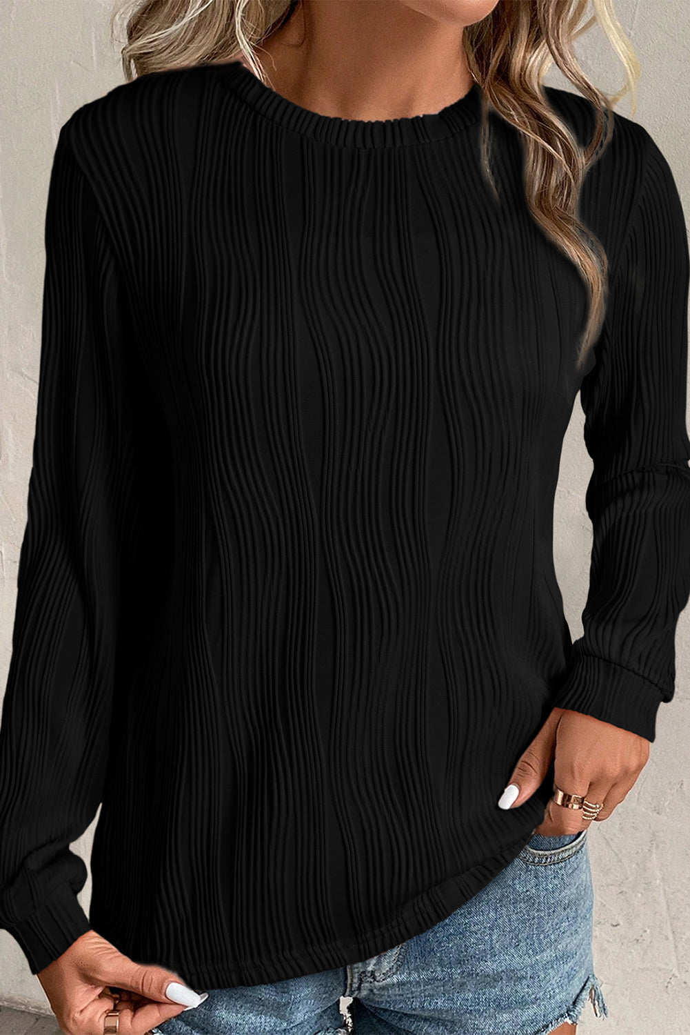 Black Textured Wavy Round Neck Long Sleeve Top - eAura