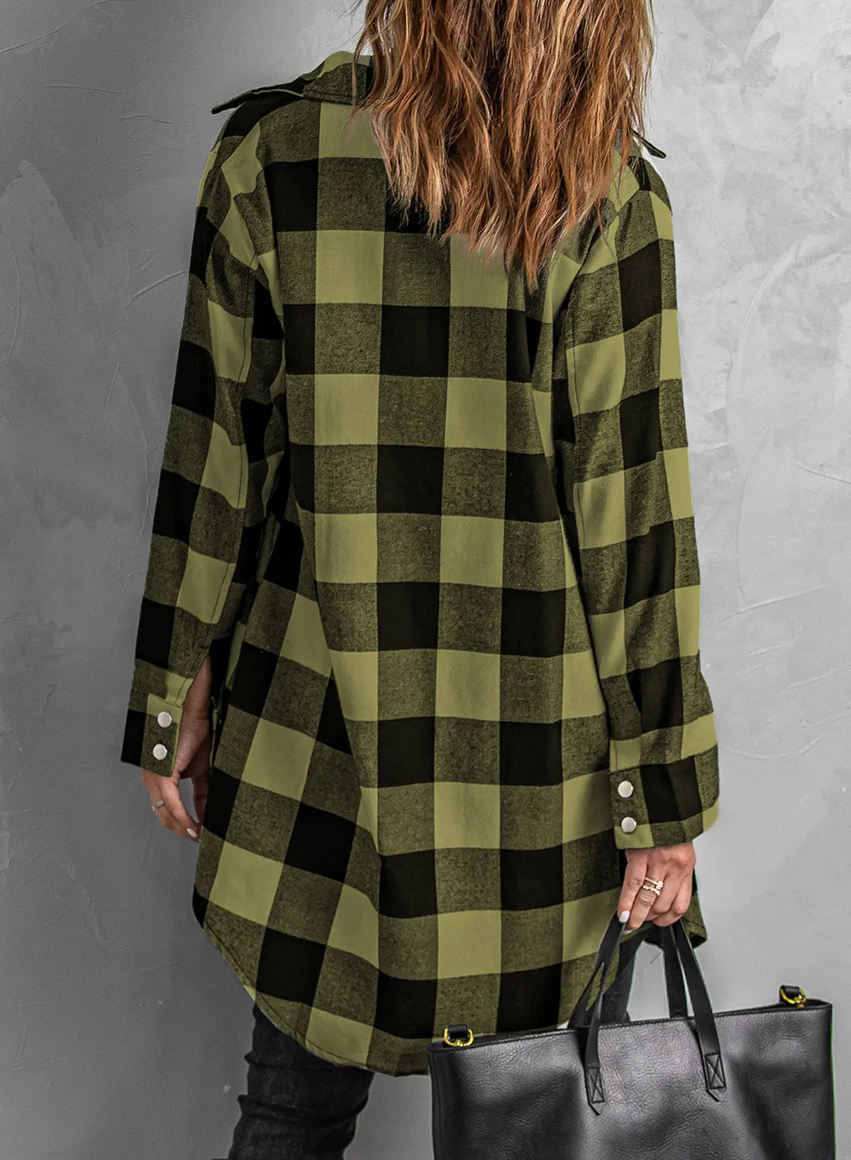 Black Turn-down Collar Plaid Shirt Coat - eAura