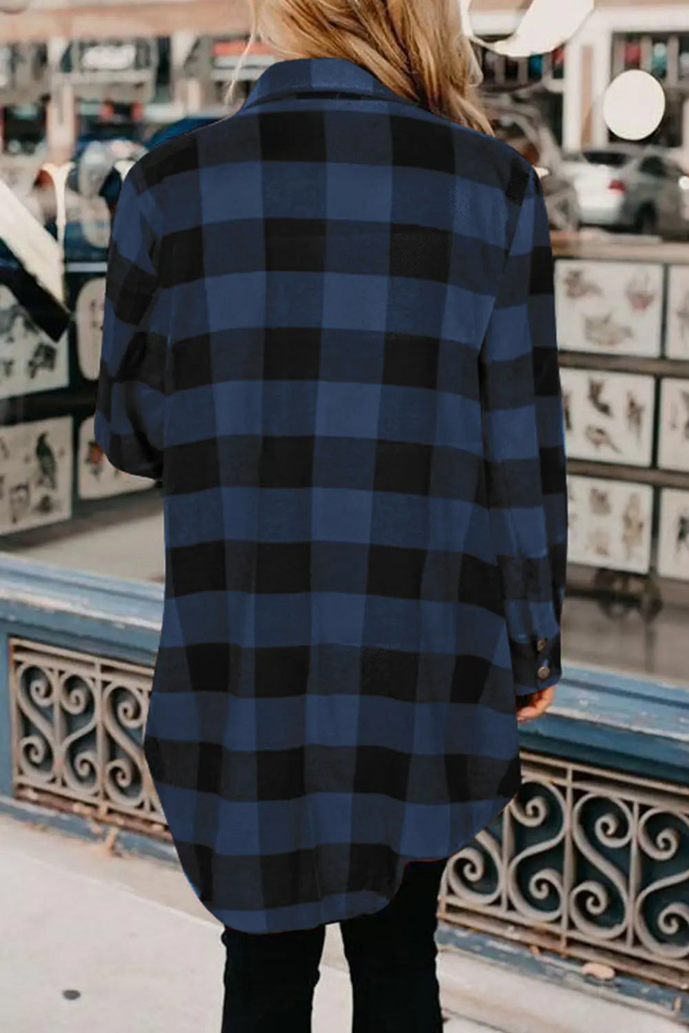 Black Turn-down Collar Plaid Shirt Coat - eAura