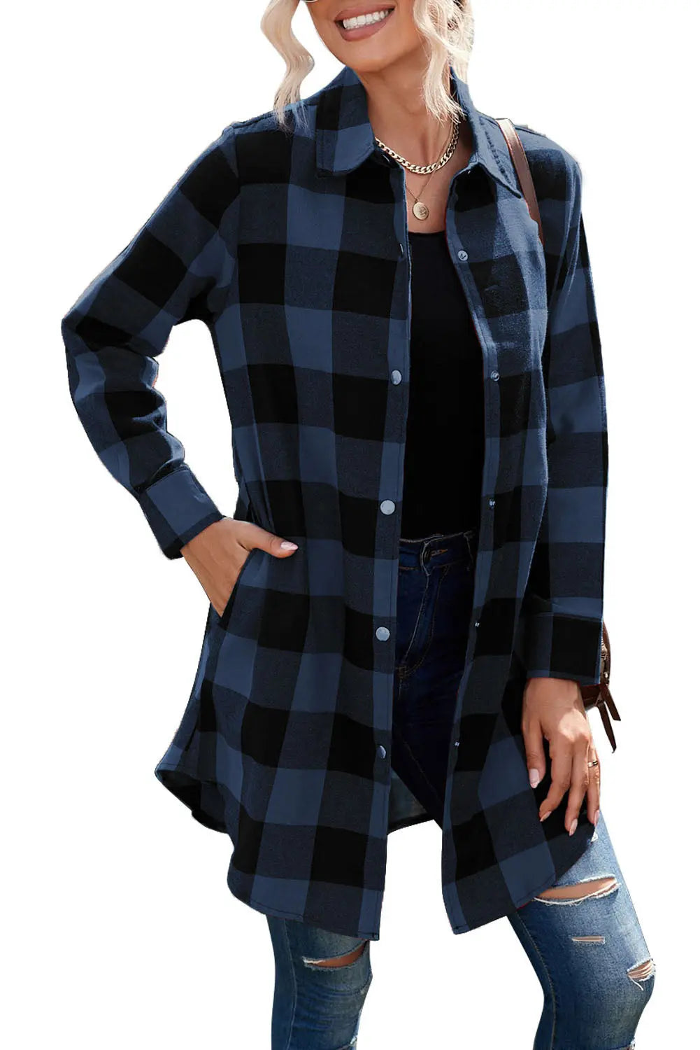 Black Turn-down Collar Plaid Shirt Coat - eAura