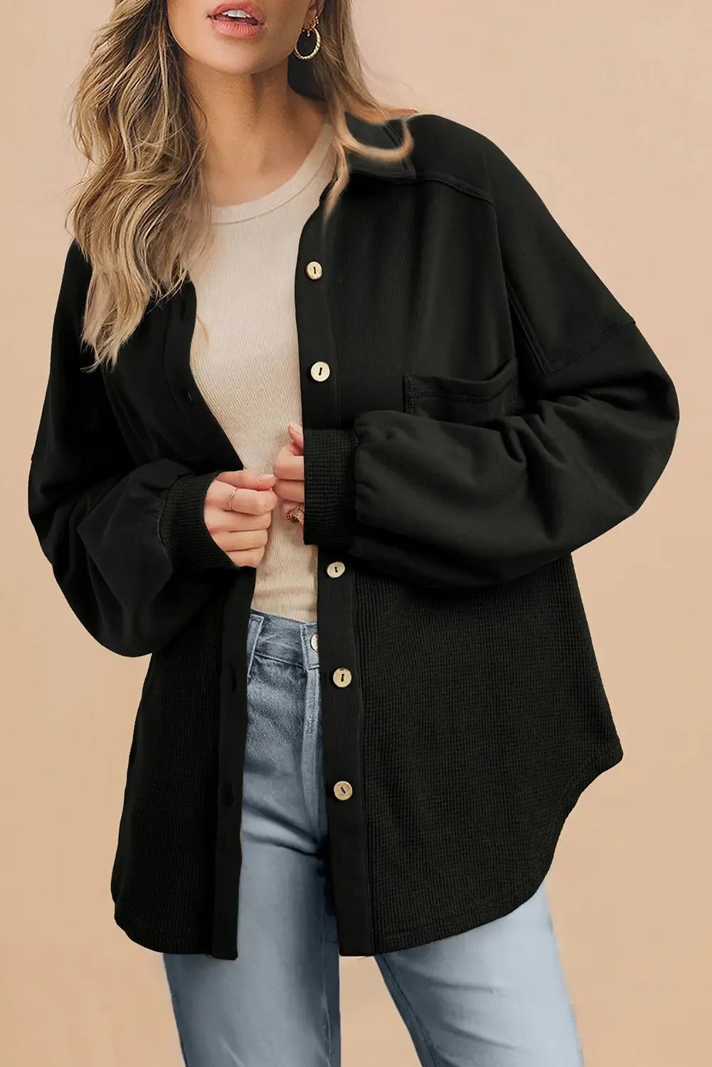 Black Waffle Knit Patchwork Buttoned Oversized Shacket - eAura