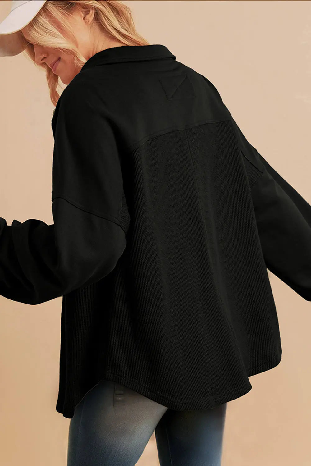 Black Waffle Knit Patchwork Buttoned Oversized Shacket eAura