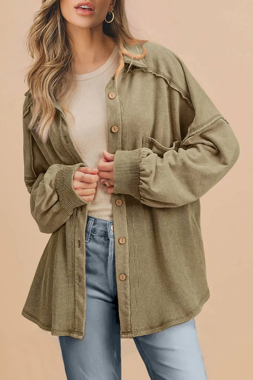 Black Waffle Knit Patchwork Buttoned Oversized Shacket eAura